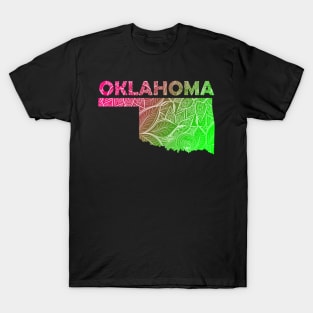 Colorful mandala art map of Oklahoma with text in pink and green T-Shirt